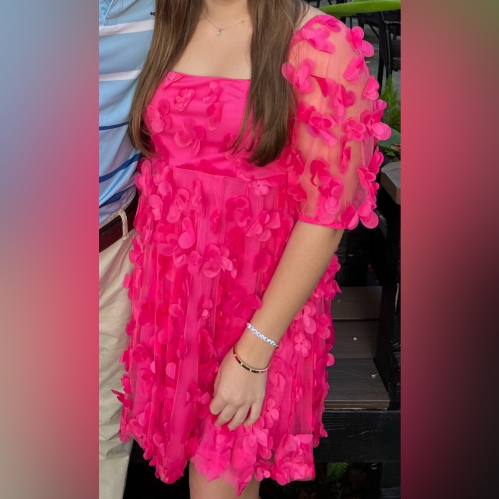 Hot pink flower boutique dress with puff sleeves